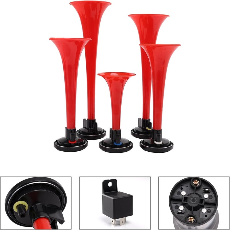 FARBIN بوق موسيقي 5 بوق موسيقي صوت هواء بوق مع ضاغط يعزف لحن لا كوكاراشا أحمر 12 فولت 150 ديسيبل للقطار الشاحنة السيارة القارب RV UTV الدراجة النارية (مجموعة أبواق لا كوكاراشا) - Image 5